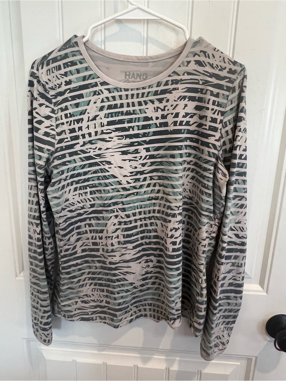 Hang Ten Palm Print Rash Guard Swim Top Sage and Beige M